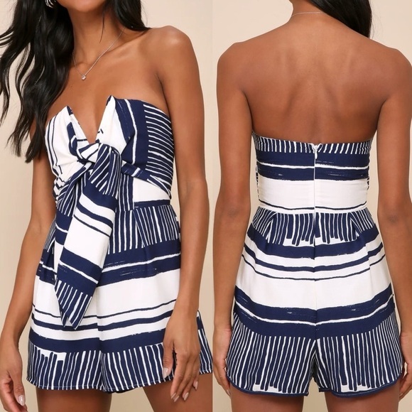 Lulus Pants - Delphi Blue and White Striped Tie-Front Strapless Romper